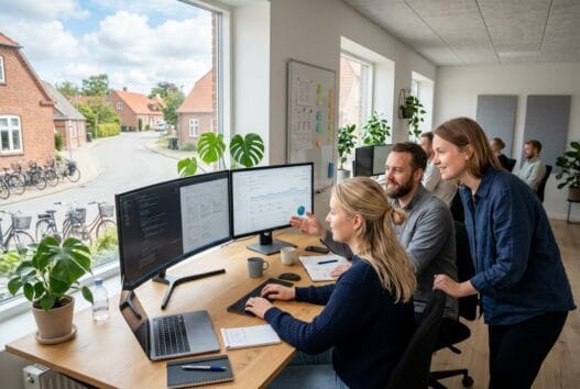 Dansk webbureau i kragelund (8600) med team ved computer og digitale dashboards