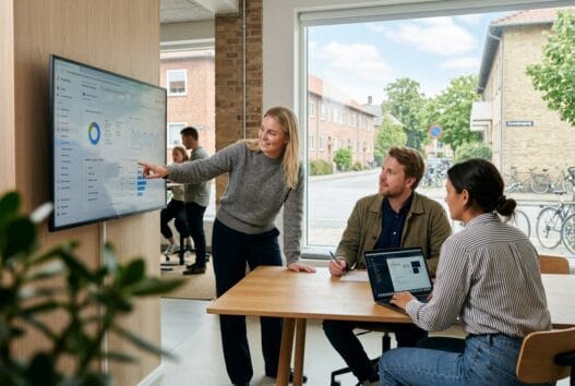 Dansk webbureau i Krunderup med team ved computer og digitale dashboards