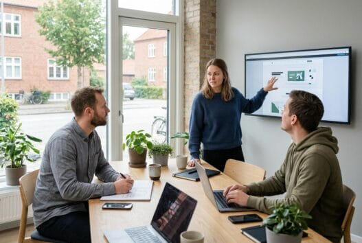 Dansk webbureau i Kundby med team ved computer og digitale dashboards
