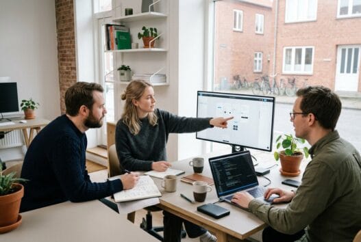 Moderne dansk webbureau i Kværkeby med team ved computere og digitale dashboards