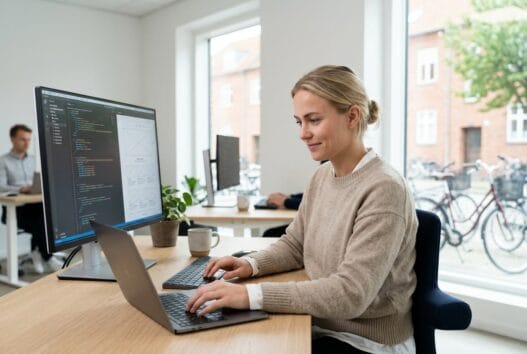 Moderne webbureau i Kværndrup med dansk team foran skærme og digitale dashboards