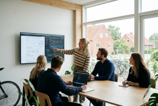 Dansk webbureau i kværs med team ved computer og digitale dashboards i moderne kontor