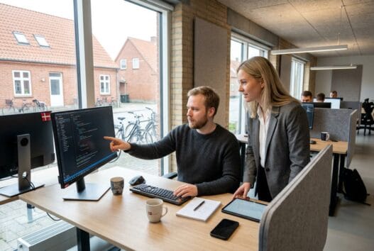 Skandinavisk team arbejder med webdesign og digitale dashboards på kontor i kvissel