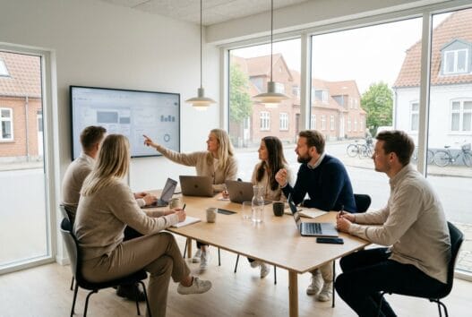 Moderne webbureau i kvong med team, der arbejder med digitale løsninger på kontor