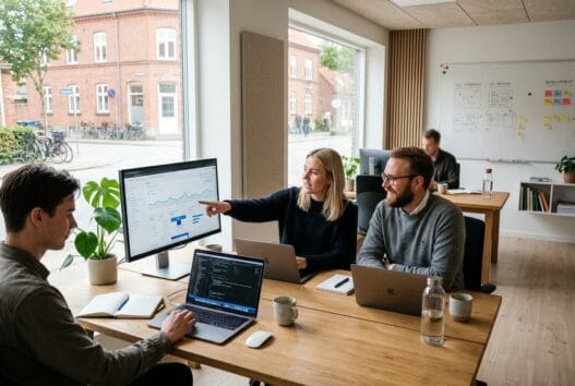 Skandinavisk webteam arbejder med digitale løsninger i Kvorning på et moderne kontor