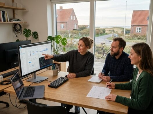 Skandinavisk webteam arbejder ved computere med dashboards og kode på kontor i kyndby huse