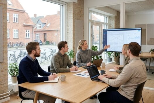 Team i moderne kontor arbejder med webdesign og data i laanshøj