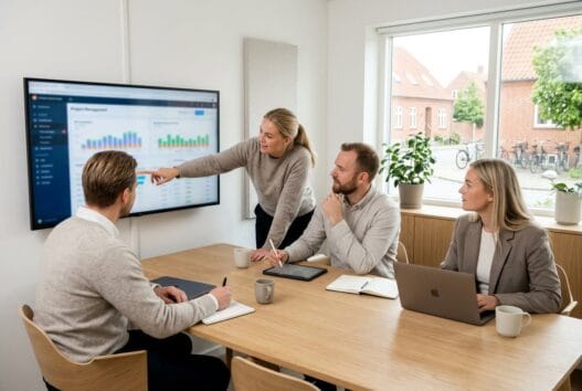 Moderne kontor med danske medarbejdere, der arbejder med webdesign og SEO i Låsbys lysende miljø