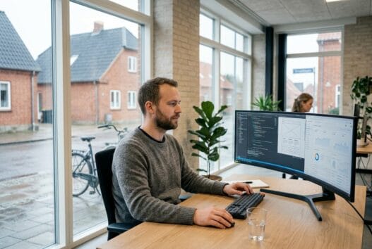 Moderne webbureau i låstrup med dansk team ved computere og digitale dashboards