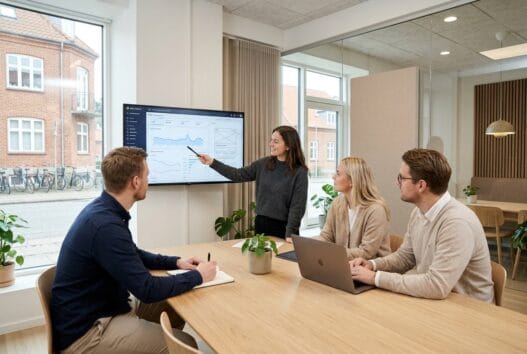 Skandinavisk webbureau i Landerslev med team ved computer og digitale dashboards