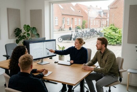 Moderne webbureau i Langaa (5874) med dansk team foran skærme i lyst kontormiljø