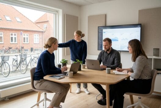 Moderne webbureau i Langå (8870) med dansk team foran computer og digitale dashboards