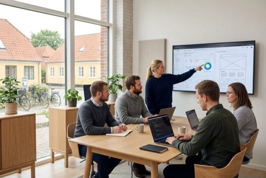 Moderne webbureau i Langebæk med dansk team, der arbejder ved computerskærme og analyserer digitale data