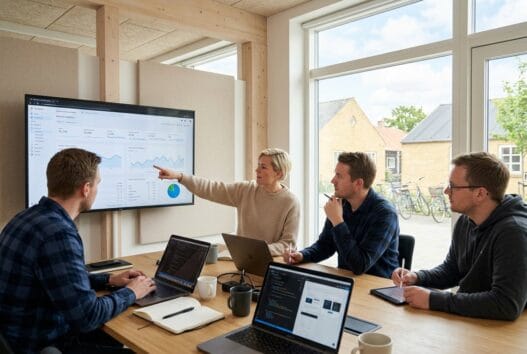 Skandinavisk webteam arbejder ved computere i moderne kontor i Langesø med fokus på digital udvikling