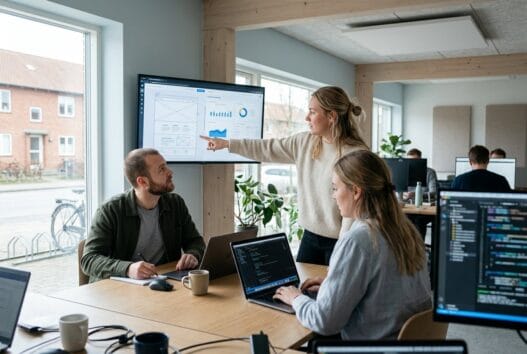 Skandinavisk team arbejder med webdesign og data på kontor i langholt