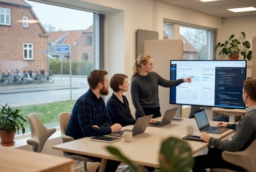 Skandinavisk team arbejder med webdesign og digitale dashboards på kontor i Ledøje
