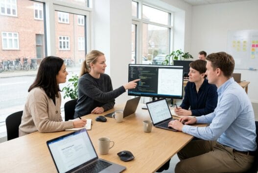 Skandinavisk webbureau i lemming med team ved computere og digitale dashboards