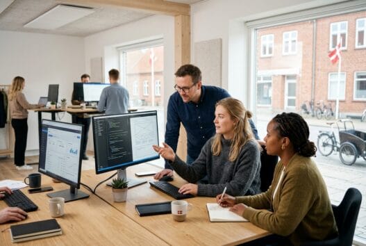 Skandinavisk webbureau i Lemvig med team ved computer og digitale dashboards