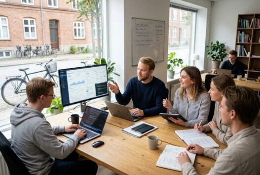 Moderne webbureau i lendum med dansk team ved computer og dashboards i lyst kontormiljø