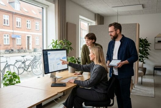 Skandinavisk webbureau i levring med team ved computerskærme og digitale dashboards