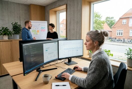 Moderne webbureau i lihme med dansk team ved computer og dashboards