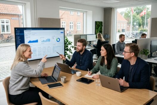 Dansk webteam arbejder med digitale løsninger i lille skensved på et moderne kontor
