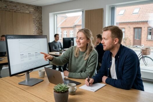 Dansk webbureau i Linå med team ved computer og dashboards i et lyst, moderne kontormiljø