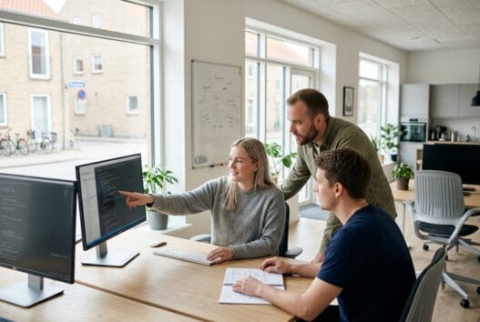 Dansk webbureau i Lind med team ved computer og dashboards i et moderne kontormiljø