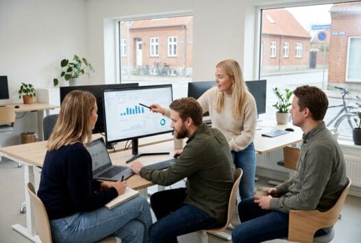 Dansk team arbejder med webdesign og digitale dashboards i linde (7600)