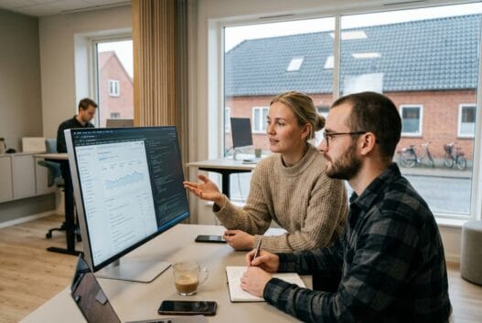 Dansk webbureau i Linde (8981) med team foran skærme i moderne kontormiljø