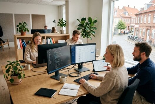 Skandinavisk team arbejder med webdesign og digitale dashboards i lindenborg