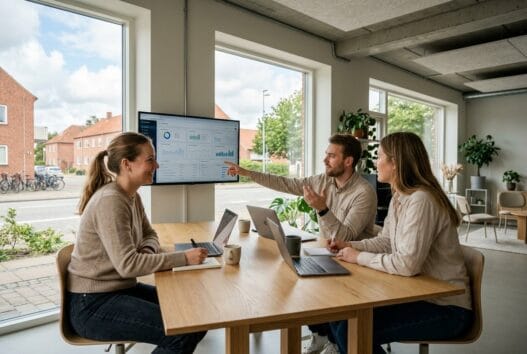 Skandinavisk team arbejder med webdesign og digitale strategier i et moderne kontor i Lindknud