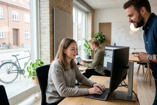 Moderne webbureau i Lindved med dansk team foran skærme og digitale dashboards