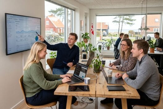 Moderne webbureau i Liseleje med dansk team, der arbejder med digitale løsninger ved computere