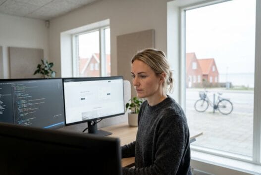 Skandinavisk webbureau i listed med team ved computer og digitale dashboards i naturligt lys