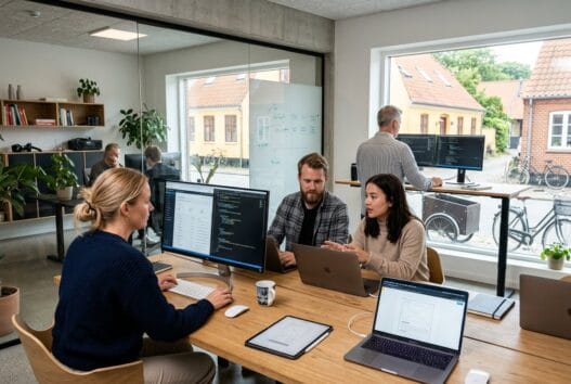 Moderne webbureau i Lobbæk med skandinavisk team, computerarbejde og digitale dashboards