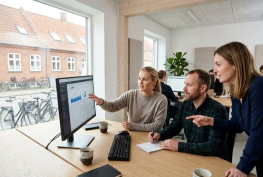 Skandinavisk webbureau i lødderup med team ved computer og digitale dashboards