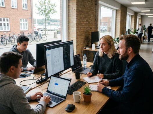 Moderne webbureau i Løgstør med dansk team ved computer og dashboards i lyst kontormiljø