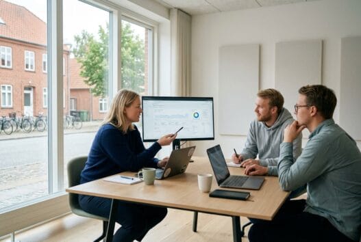Moderne webbureau i Løgstrup med dansk team foran skærme og digitale dashboards