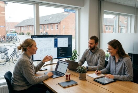 Dansk webbureau i Løgten med team, der arbejder med digital strategi og design ved computere