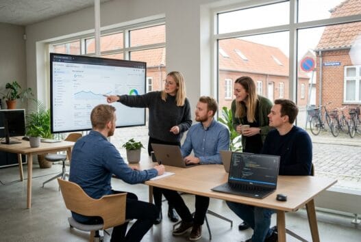 Skandinavisk webbureau i Løgumgårde med team ved computere og digitale dashboards