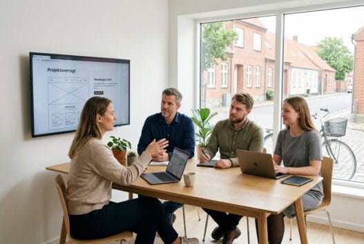 Dansk webbureau i Løgumkloster med team foran skærme og digitale dashboards