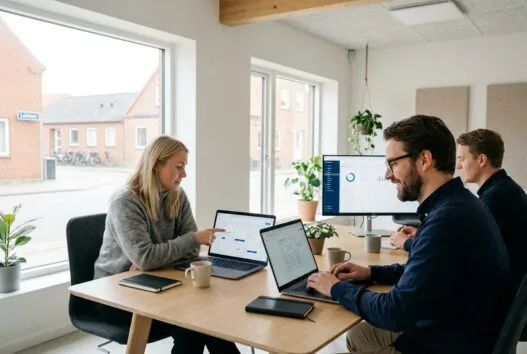Professionelt webbureau i Løkken med team ved computer og digitale dashboards i moderne kontor