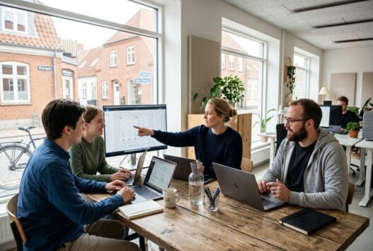 Skandinavisk team arbejder med webdesign og SEO på kontor i Løve