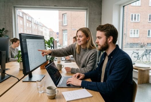 Dansk webbureau i løvel med team foran skærme, der arbejder med design, SEO og digitale løsninger