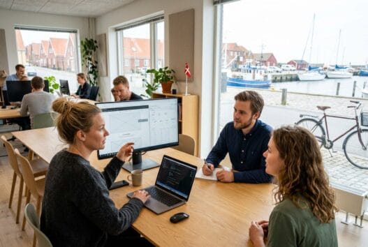 Moderne webbureau i Lohals med dansk team ved computer og digitale dashboards