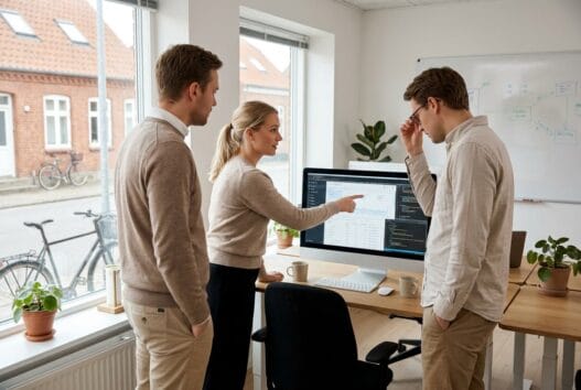 Dansk webbureau i Løjt Kirkeby med team ved computer og digitale dashboards