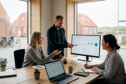 Skandinavisk webteam arbejder med design og data i et moderne kontor i Lønstrup