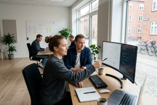 Dansk webbureau i lov med team ved computer og digitale dashboards i moderne kontormiljø