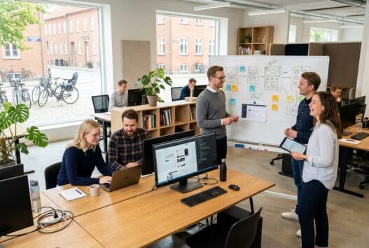 Skandinavisk webbureau i Lumby med team, der arbejder ved computere og analyserer digitale dashboards